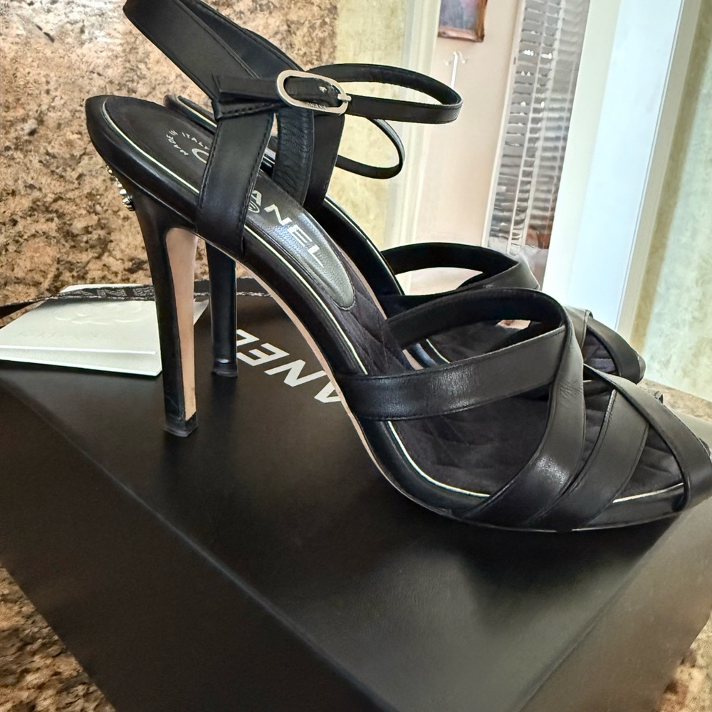 Chanel Rhinestone Interlocking CC logo Black Strappy Heels